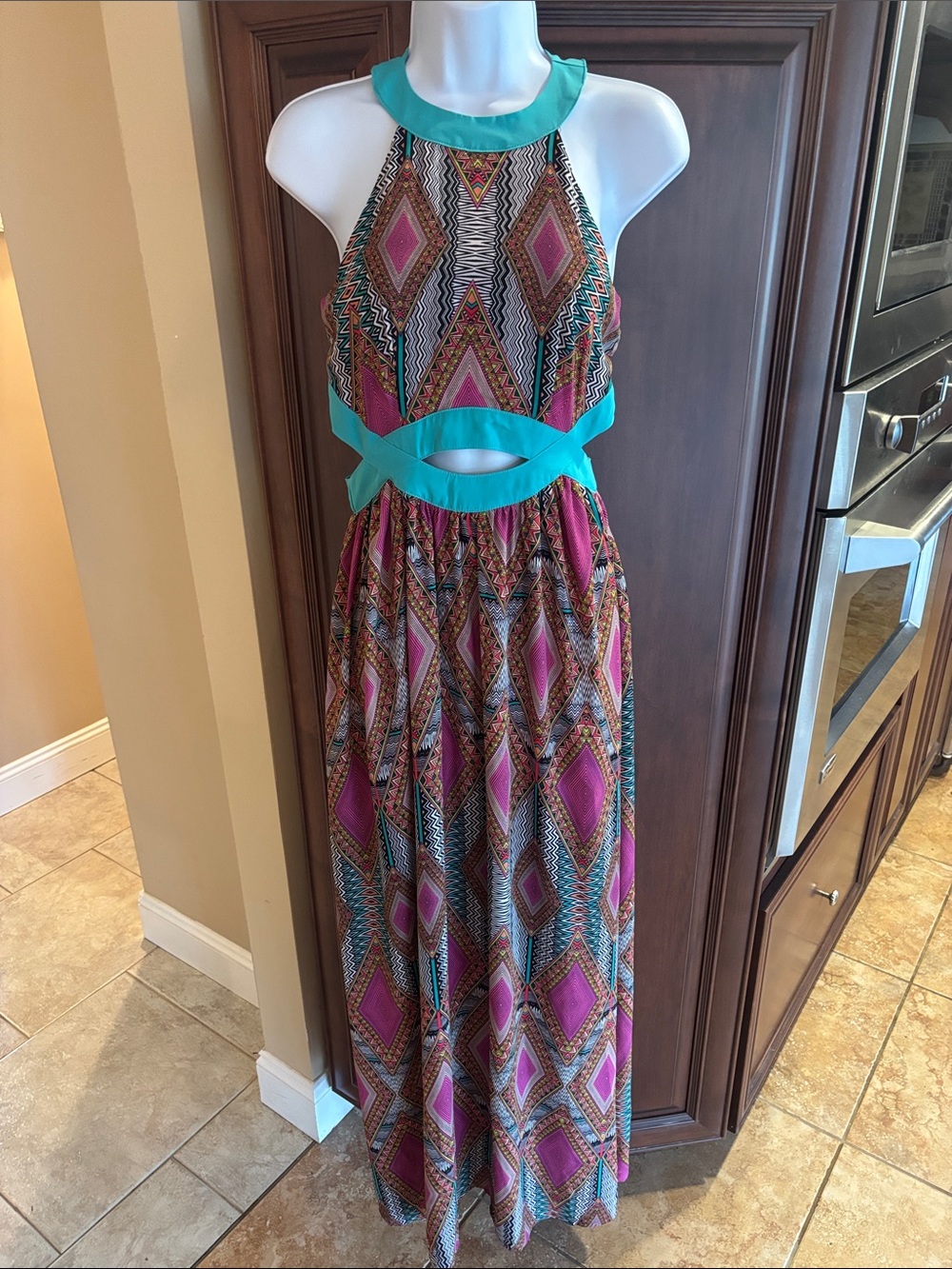 Xtaren Pink and Turquoise Geometric Halter Maxi Dress